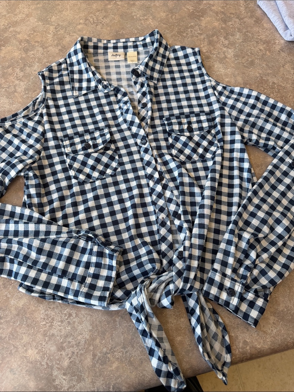 Daytrip Navy and White Gingham Cold-Shoulder Tie-Front Button Down